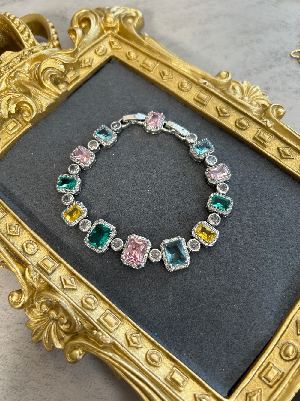 Gorgeous Multicolor Crystal Tennis Bracelet - Pink, Green, Blue, Yellow
